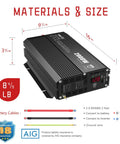 Heavy Duty 2000 Watt Power Inverter dimensions showing 9.5x3.75x16 in size with USB ports and battery cables for RV use.
