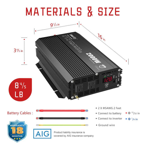 Heavy Duty 2000 Watt Power Inverter dimensions showing 9.5x3.75x16 in size with USB ports and battery cables for RV use.