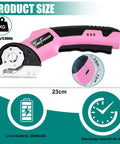 Heavy Duty 4V Electric Cardboard Cutter With Bright Led Light, ergonomic pink handle and metal blade displayed with size details.