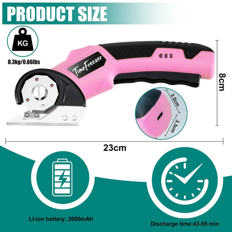 Heavy Duty 4V Electric Cardboard Cutter With Bright Led Light, ergonomic pink handle and metal blade displayed with size details.