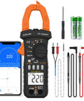 Bluetooth Clamp Meter For Electricians And DIY Projects TRMS 6000 Counts with smartphone, probes, and accessories visible.