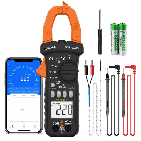 Bluetooth Clamp Meter For Electricians And DIY Projects TRMS 6000 Counts with smartphone, probes, and accessories visible.