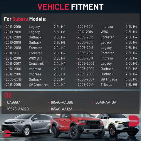 Subaru Engine Air Filter Fitment Chart for CA9997 Replaces 16546-AA090 16546-AA10A for various Subaru models including Outback, Forester.