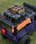 Model car with 1/10 RC Crawler Accessories Storage Box Wood Box Luggage Net Fuel Box Shovel Fire Extinguisher Recovery Board For Traxxas TRX4 Axial SCX10 Redcat Gen 7 8 Black on roof rack.