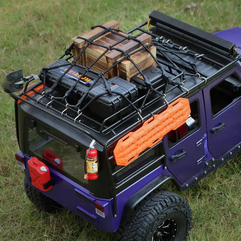 Model car with 1/10 RC Crawler Accessories Storage Box Wood Box Luggage Net Fuel Box Shovel Fire Extinguisher Recovery Board For Traxxas TRX4 Axial SCX10 Redcat Gen 7 8 Black on roof rack.
