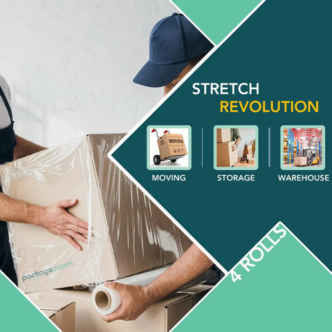 Person using Four Rolls Clear Stretch Wrap Film 18 Inch By 1500 Feet Heavy Duty Cling Wrap For Moving Packing Shipping And Storage.