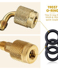 Front and side views of knurled brass 1/4-inch quick-connect adapters with black O-rings; 10-pack HVAC seals.