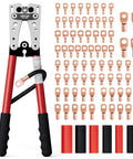 Beefy Battery Cable Lug Crimping Tool Kit For AWG 10 To 1/0 Heavy Duty Electrical Lug Crimper With 78 Wire Lugs And 110 Heat Shrink Tubes High Precision Jaw And Versatile Wire Terminal Crimping Set shown with tools and accessories against a white background.