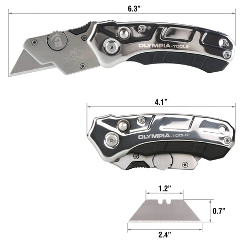 Heavy Duty Stainless Steel Utility Knife Featuring A Durable Fold Handle With Rock Solid Razor Sharp Replaceable Blade for DIY jobs, side view with dimensions.