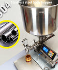 Rock Solid Automatic Liquid Filler Machine With Dripless Stainless Steel Nozzles Smart Touchscreen Control For Honey Oyster Sauce Jam And Butter Packaging showing stainless steel body hopper and filling nozzle.