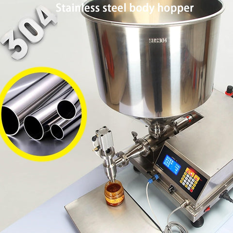 Rock Solid Automatic Liquid Filler Machine With Dripless Stainless Steel Nozzles Smart Touchscreen Control For Honey Oyster Sauce Jam And Butter Packaging showing stainless steel body hopper and filling nozzle.