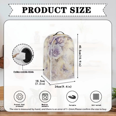 Watercolor Floral Blender And Stand Mixer Cover Protects Your No Fuss Home Kitchen Small Appliance From Dust Proof Fingerprints And Scratches Durable Polyester Protector Easy To Clean, shown in upright position with dimensions 9.4x15.9 inches.