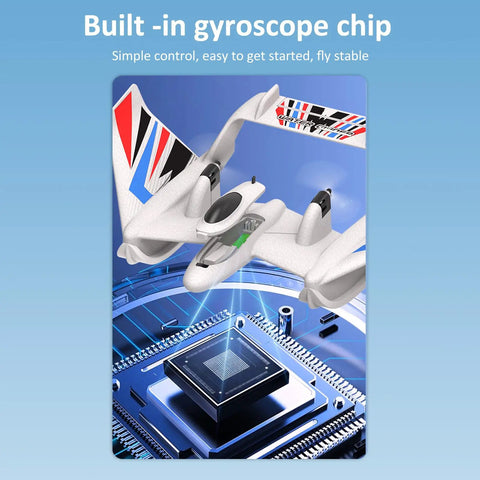 3 In 1 Water Land Air RC Plane For Beginners With Gyro Stabilizer flying above gyroscope chip illustration, white
