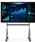 Premium 65 Inch 4K Touch Screen Display On Slick Rolling Cart Base Featuring Dual System Compatible Matte Anti Glare IPS Panel Low Blue Light Eye Care Tech For Corporate Or Classroom Use showing data visuals.