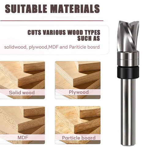 Top Shelf Garosa Spiral Flush Trim Router Bit 3/8 Inch Diameter for cutting solid wood, plywood, MDF, and particle board.