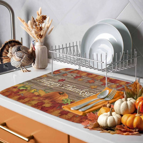 Thanksgiving Dish Drying Mat With Pumpkin Harvest Design For Kitchen Counter, Absorbent Microfiber Top Layer With Cushioned Core
