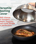 12 Inch Stainless Cheese Melt Dome With Glass Lid And Built In Thermometer Up To 700 F covering steak in pan