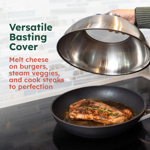 12 Inch Stainless Cheese Melt Dome With Glass Lid And Built In Thermometer Up To 700 F covering steak in pan