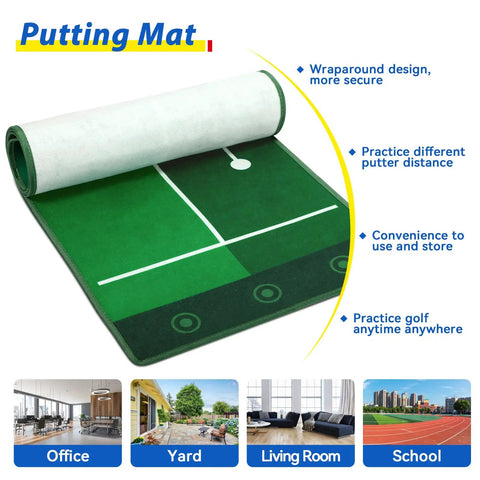 Toddler Golf Set With Putting Mat For 2 3 4 Year Olds Upgraded Kids Golf Cart With Shoulder Strap Safe Durable Plastic Indoor Outdoor Golf Toys Gift For Boys And Girls, rollable green putting mat shown with practice lines and storage tips