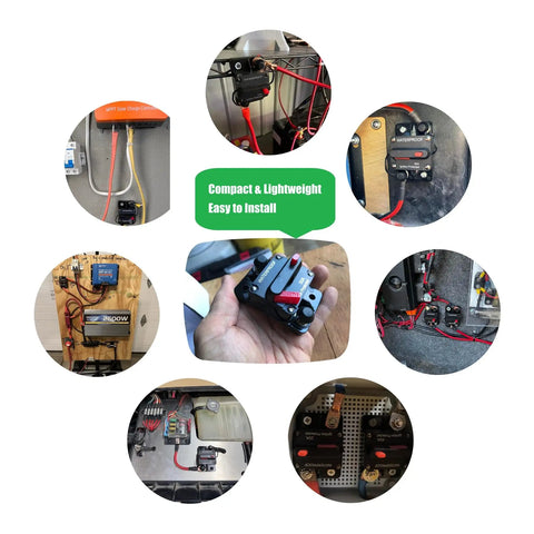 100Amp DC Circuit Breaker Manual Reset Battery Disconnect Switch Covers 12V-48V installed in various setups for secure electrical connections.