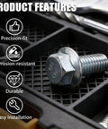 Close-up of Honda 21 Inch Mower Blade Hex Bolts Kit M10 By 1.25 with flanged bolts and features icons on black tray