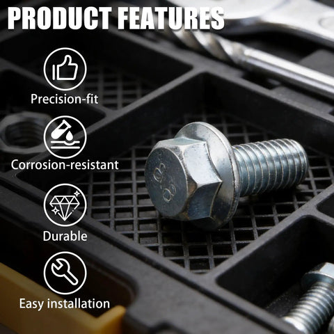 Close-up of Honda 21 Inch Mower Blade Hex Bolts Kit M10 By 1.25 with flanged bolts and features icons on black tray