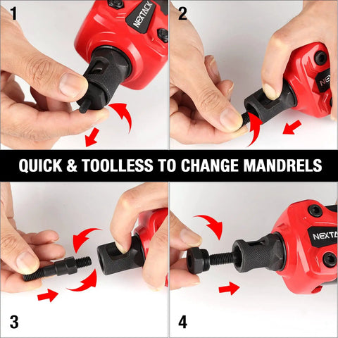16 Inch Semi Automatic Rivet Nut Tool Kit With Quick Swap Mandrels And Sleek Portable Case showing hands changing mandrels quickly.