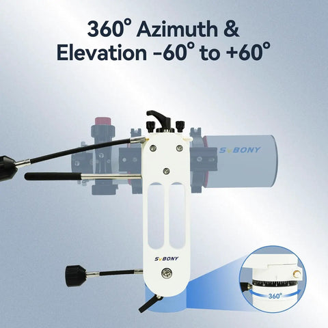 240mm Telescope Tripod Riser with Alt-Azimuth Mount featuring 360° azimuth and elevation adjustment, shown with focus on adjustment knob.
