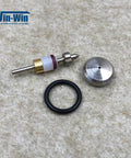 Waterjet on/off valve repair kit components: metal rod with seals, hex nut, black O-ring, and metal cap; Win-Win logo.