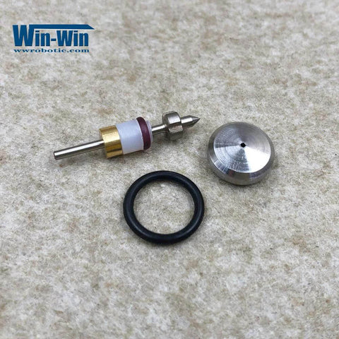 Waterjet on/off valve repair kit components: metal rod with seals, hex nut, black O-ring, and metal cap; Win-Win logo.