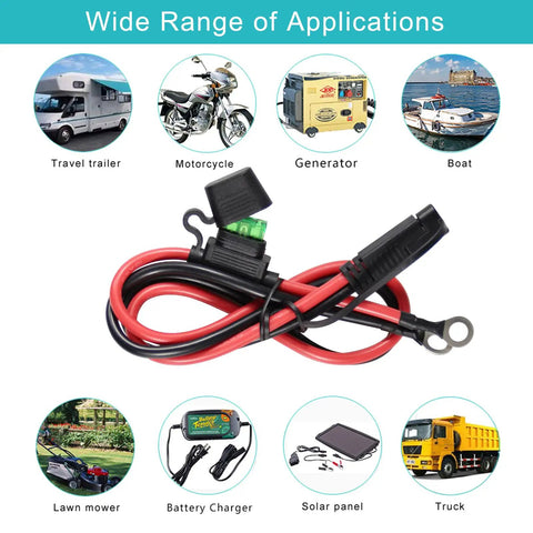 Heavy Duty Beefy 10 AWG SAE to O Ring Terminal Harness with 30A Fuse, suitable for vehicles like motorcycles and generators.