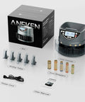 Box contents for Coin Counter And Sorter With TFT Display for five denominations, includes power cord, user manual, coin wrappers.