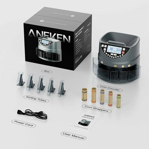 Box contents for Coin Counter And Sorter With TFT Display for five denominations, includes power cord, user manual, coin wrappers.