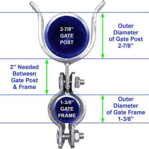 Heavy Duty Galvanized Chain Link Fork Latch With Padlock Hole For Secure Yard Gate Setup Fits 1-3/8-Inch Frame And 2-7/8-Inch Post structure diagram.