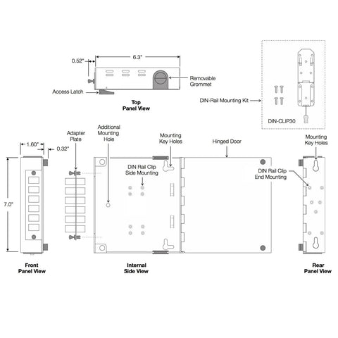 Technical diagram of Fiber Optic Patch Panel DIN Rail Or Wall Mount With ST SC And LC Multimode Adapter Plates Made In USA Steel.