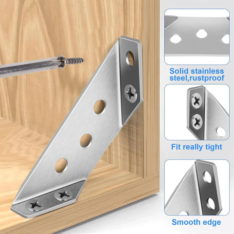 50 Pcs Universal Stainless Steel Furniture Corner Connectors With Screws for Shelves Cabinets Wood Furniture shown installed