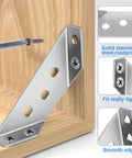 Heavy Duty Stainless Steel Furniture Corner Brackets With Screw Kit Rock Solid Angle Connectors For Shelves Wood Cabinets Built Tough close-up, installed on wood.