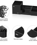 Desk Organizer With Pencil Holder And Sticky Note Tray Plastic Desktop Caddy For Office Supplies Six Compartments Black Finish Keeps Pens Pencils Clips Notes And Tools Neat On Your Desk made of premium GPPS material, with anti-scratch rounded edges.