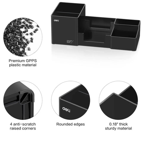 Desk Organizer With Pencil Holder And Sticky Note Tray Plastic Desktop Caddy For Office Supplies Six Compartments Black Finish Keeps Pens Pencils Clips Notes And Tools Neat On Your Desk made of premium GPPS material, with anti-scratch rounded edges.
