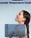 Woman enjoying a hot shower demonstrating Accurate Temperature Control with Premium 27Kw Tankless Electric Water Heater.