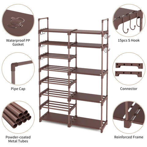 Boss 8 Tier Shoe Rack Organizer For Closet Entryway And Garage Brown Holds 26 To 32 Pairs Of Shoes And Boots With 15 Hooks Stackable