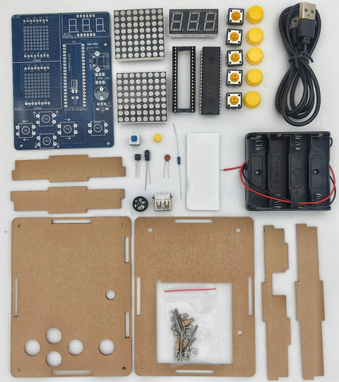 Components of Build Your Own Retro Game Rig 4-In-1 Soldering Practice Kit with LED Matrix Display, including circuit board and buttons.
