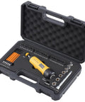 Open case with Torque Screwdriver Kit With 39 Bit Set Adjustable 10 to 70 In Lb Range Quarter Inch Quick Release Drive Pro Grade Precision Plus Or Minus Six Percent Accuracy Great For Scope Mounts Bike Maintenance Electronics And DIY, bits and adapters