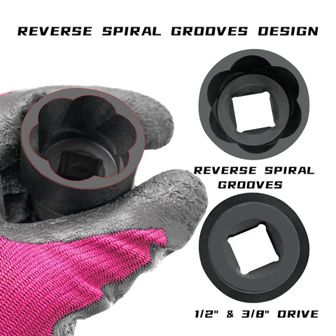 22 Piece Bolt Nut Extractor Set With Half Inch And Three Eighths Inch Drive Wheel Lock Removal Kit with close-up of twist socket