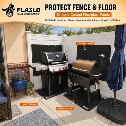 Heavy Duty Fireproof Fence Cover And Screen Protection For Grill Heat Shield On Deck Railing Balcony Privacy Screen Cover Waterproof Windscreen For Apartments Weatherproof 3x6 Feet shown behind two grills on a patio.