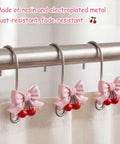 12 Piece Pink Bow Cherry Shower Curtain Hooks Set Resin Rust Resistant Gliding Hooks For Standard Rods