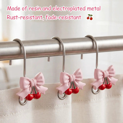 12 Piece Pink Bow Cherry Shower Curtain Hooks Set Resin Rust Resistant Gliding Hooks For Standard Rods
