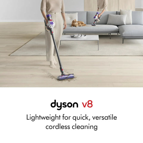 Person using Cordless Vacuum Cleaner With Motorbar Cleaner Head For All Floors, Detangles Hair And Pet Hair in a living room