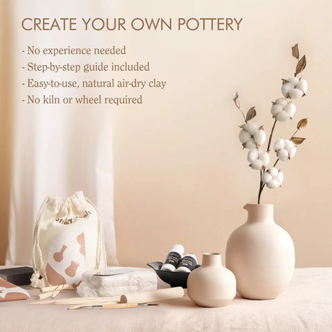Air Dry Clay Kit For Adults With Complete Tool Set For Home Pottery Craft displayed with clay vases and tools.