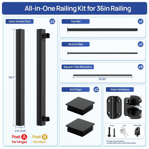 Components of 4 Ft Aluminum Deck Gate Kit For 36 Inch High Railings With Anti Sag Design Auto Closing Hinge Premium Latch